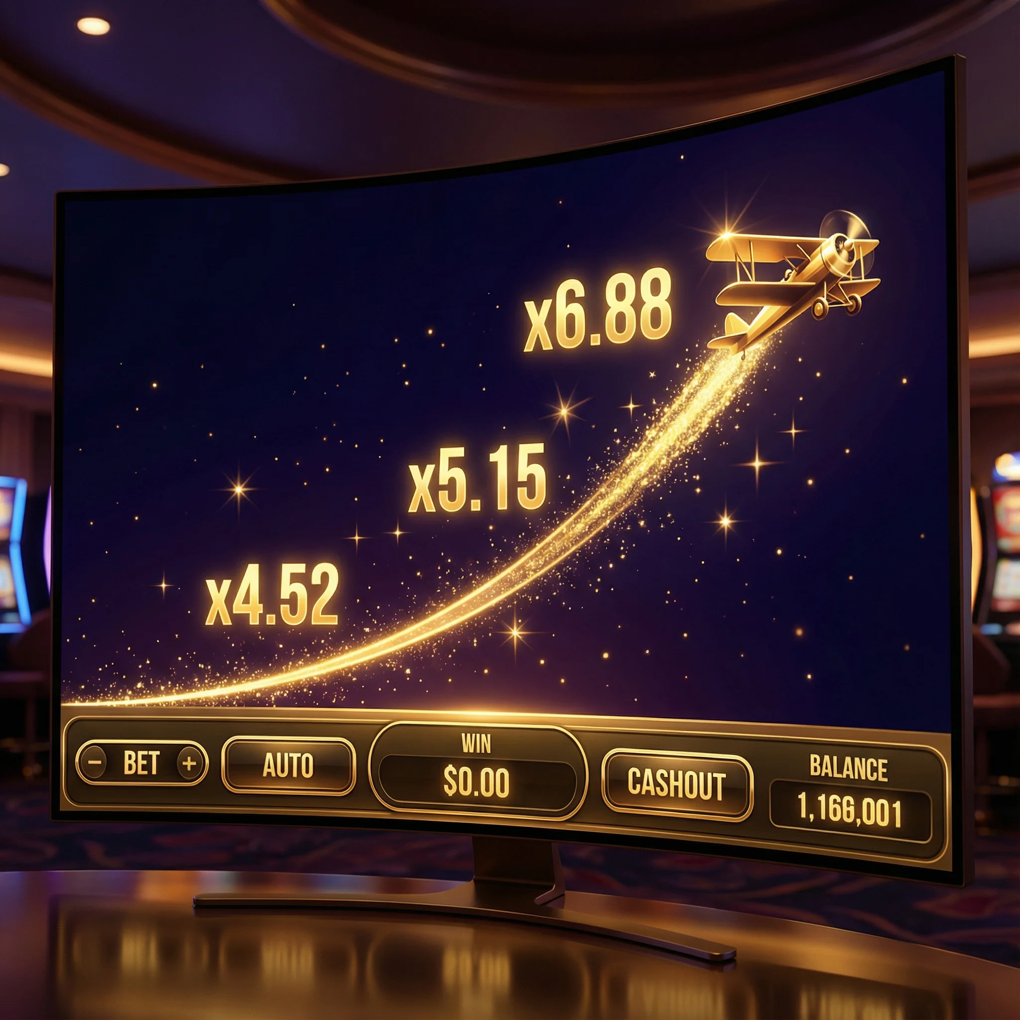 Juego Aviator con avión dorado y multiplicadores